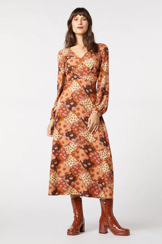 Floral Patchwork Midi Dress in Chocolate